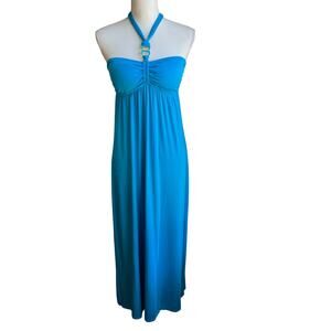 TRINA TURK Halter Dress Womens M Turquoise Blue Maxi Cruise Resort Wear